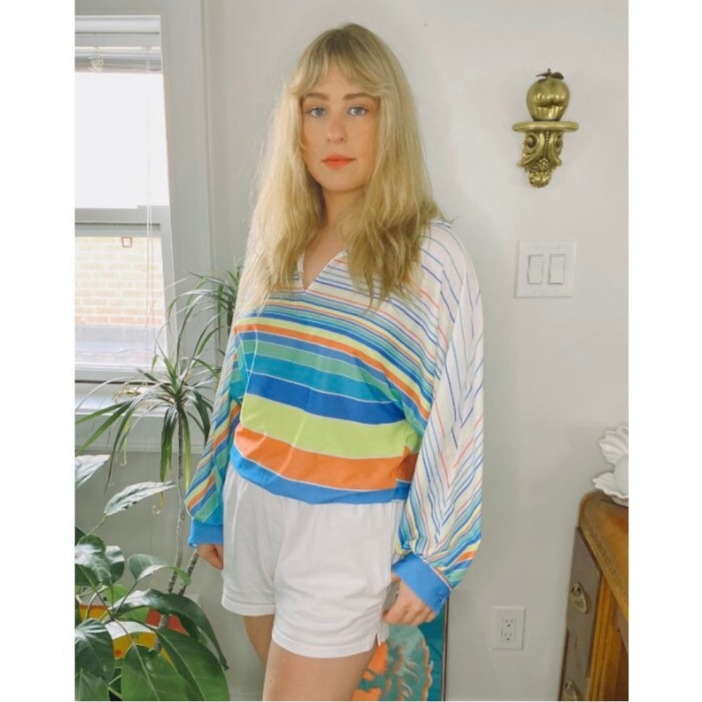 Vintage White Long Sleeved Blouse with Elastic Hem in Neon Stripes - Size Medium